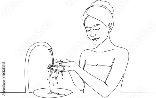Elegant minimalist illustration of woman washing face with refre