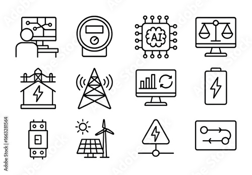 Smart Grid Icon Set. Outline icon set of smart grids: grid control center, smart meter, AI optimization system