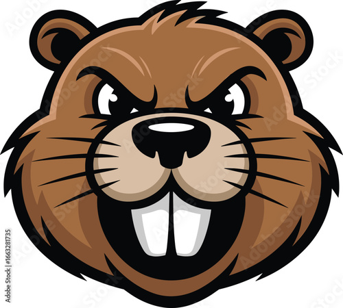 Angry beaver face, cartoon mascot, vector animal logo, sharp teeth, fierce expression, brown fur, wildlife design, digital artwork, editable