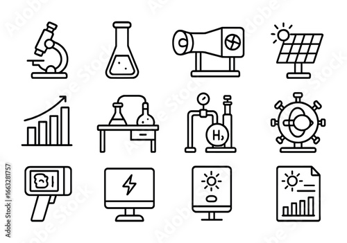 Renewable Energy Icons. Outline icon set of renewable energy research labs: laboratory microscope, test tube,