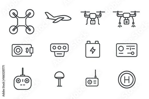 Smart Farming Drones Icons. Outline icon set of smart farming drones: quadcopter, fixed-wing drone, spraying