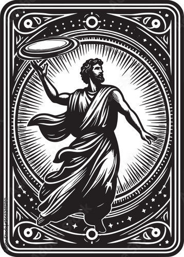 Artistic Black and White Illustration of a Classical Greek God Holding a Plate