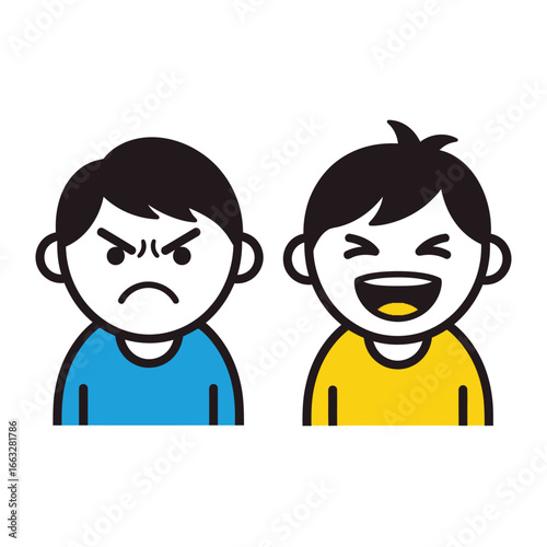Expressing Emotions: An emotive display illustrating opposing states of mind, depicting expressions of anger and laughter through a vibrant illustrative design.