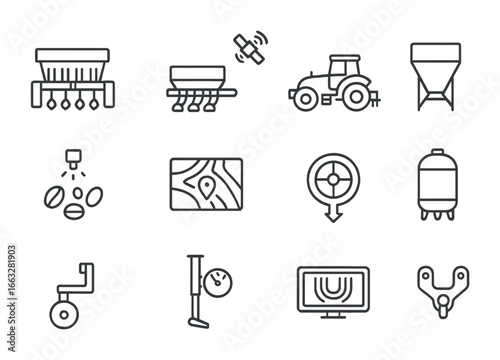 Seed Planting Icons. Outline icon set of seed planting automation: seed drill, pneumatic seeder, GPS-guided