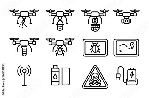 Pest Control Drones Icons. Outline icon set of pest control drones: insecticide sprayer, pheromone dispenser,