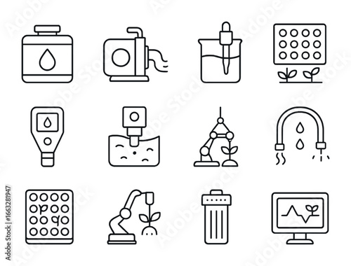 Hydroponic Farm Icons. Outline icon set of hydroponic farm automation: nutrient tank, water pump, pH control,