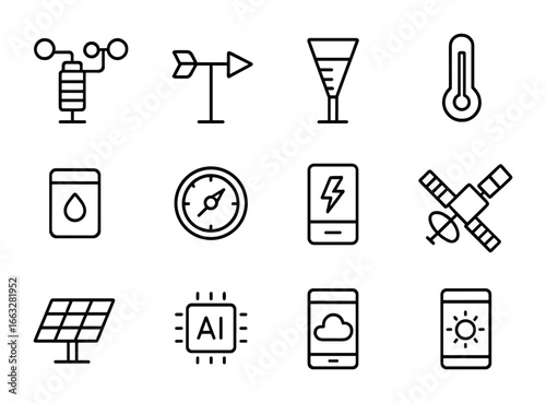 AI Weather Icon Set. Outline icon set of AI-driven weather monitoring: weather station, wind vane, rain gauge,