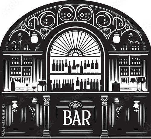 Elegant Black and White Illustration of a Classic Bar Interior with Bottles and Decorations