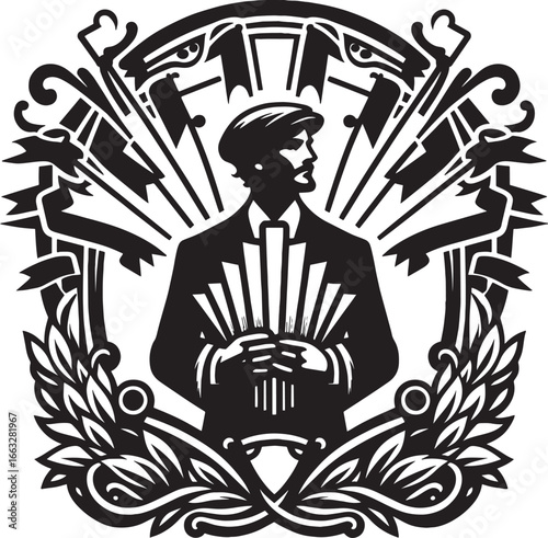 Illustration of a Man Holding a Bundle in a Decorative Frame in Black and White