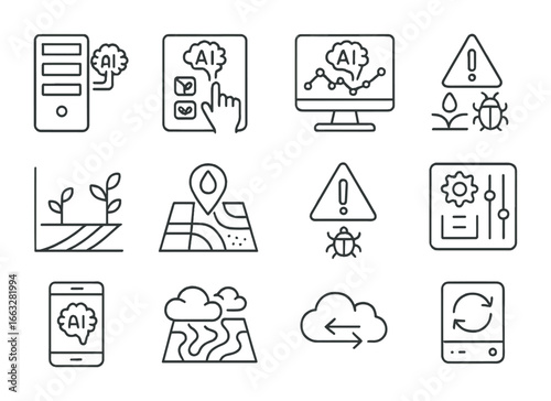 AI Farm Icon Set. Outline icon set of AI farm management dashboards: main server, touchscreen display,