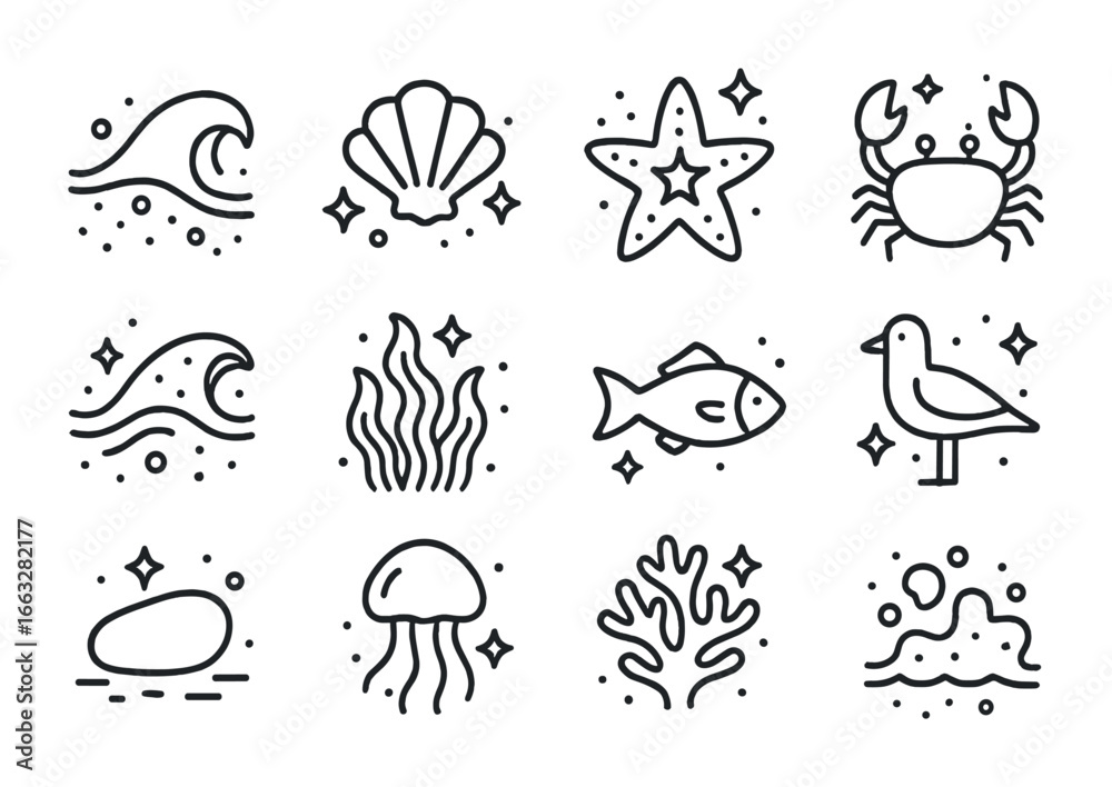 Fototapeta premium Coastal Glow Icons. Outline icon set of coastal glowscapes: glowing tide, radiant seashell, luminous starfish,