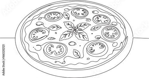 Detailed line drawing illustration of a pizza margherita with to