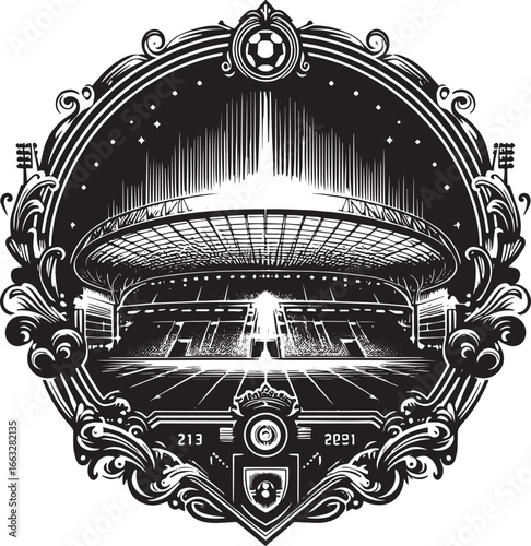 Ornate Black and White Vector Illustration of a Soccer Stadium with Detailed Design Elements