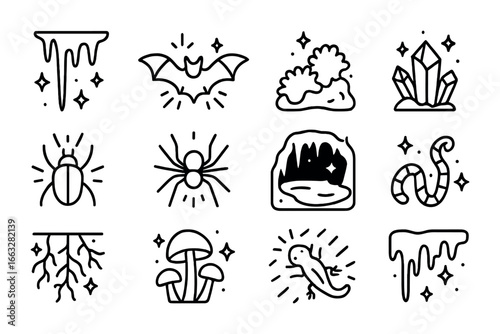 Cave Bioluminescence Icons. Outline icon set of cave bioluminescence: glowing stalactite, radiant bat,