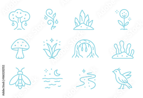 Alien Glow Icons. Outline icon set of alien glow landscapes: glowing alien tree, radiant vine, luminous