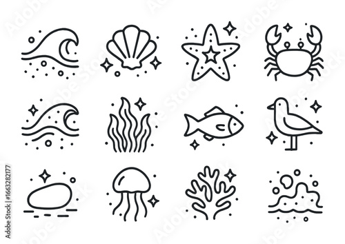 Coastal Glow Icons. Outline icon set of coastal glowscapes: glowing tide, radiant seashell, luminous starfish,