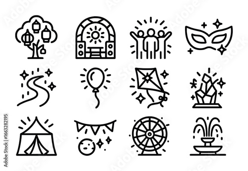 Festival Glow Icons. Outline icon set of festival glowscapes: glowing lantern tree, radiant music stage,