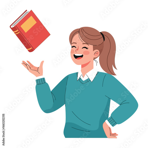 Joyful Reader: A cheerful illustration captures a woman's exuberant delight as she engages with a captivating book, embodying the pleasure of reading and the world of imagination. 