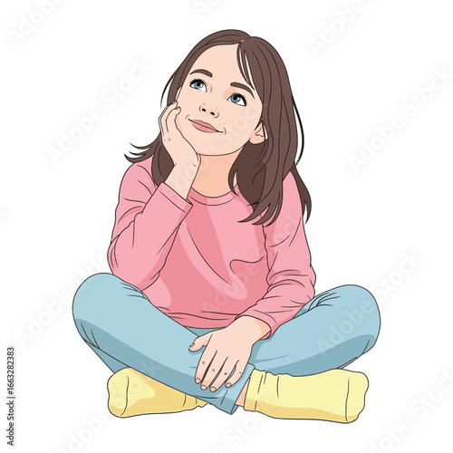 Daydreaming Little Girl: A young girl, lost in thought, sits cross-legged with a gentle smile, eyes gazing upward, in a scene of tranquil contemplation.