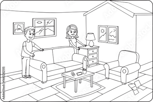 Cartoon couple moving furniture into a new home, line art illust