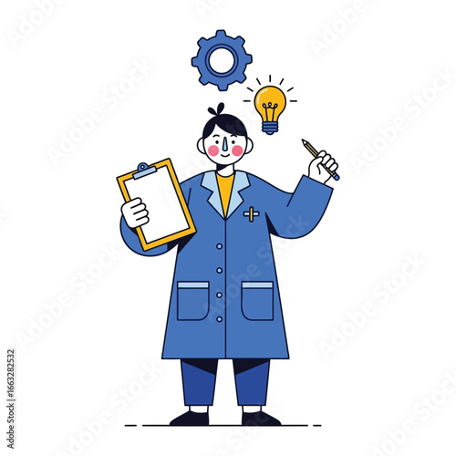 Illustration of Innovator with Gear and Bulb: A thoughtful innovator, dressed in a lab coat, envisions solutions, ideas and plans to bring creative ideas to fruition.