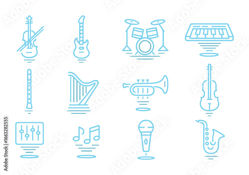 Holographic Instrument Icons. Outline icon set of holographic instruments: laser violin, hologram guitar,