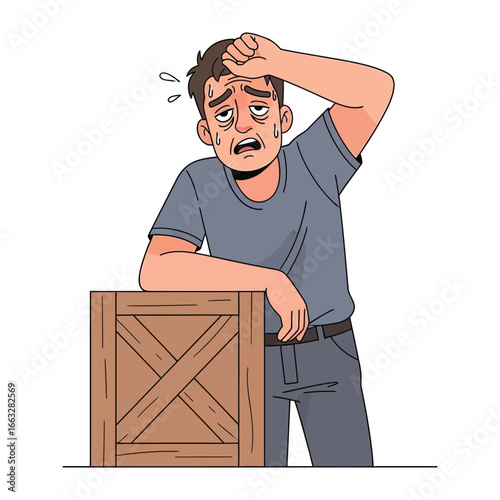 Exhausted Worker Illustration: A weary individual, leaning against a wooden crate, with sweat beading on his brow, epitomizes the strain of hard work in this dynamic vector art.