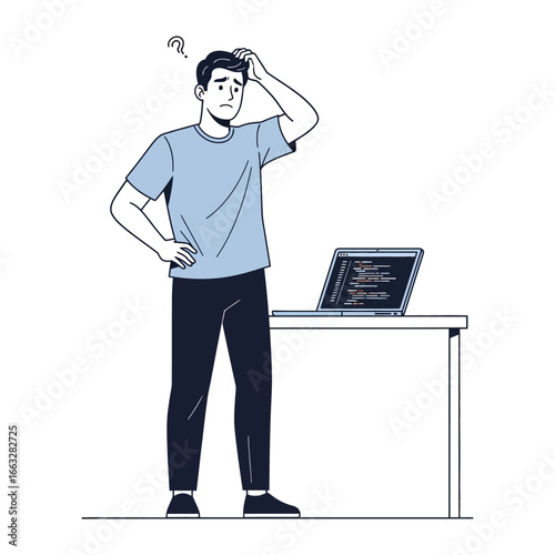Confused: A frustrated individual, stands perplexed with a laptop open on a desk. The scene captures the essence of frustration and uncertainty with a graphic touch.