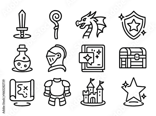 Fantasy Quest Icons. Outline icon set of fantasy VR quests: sword hologram, magic staff, dragon icon, glowing