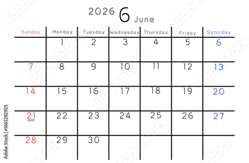 2026年6月　シンプルカレンダー　曜日英語版