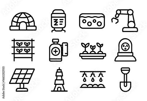 Martian Farm Icons. Outline icon set of Martian farms: red dome, soil reactor, algae pond, robotic arm,