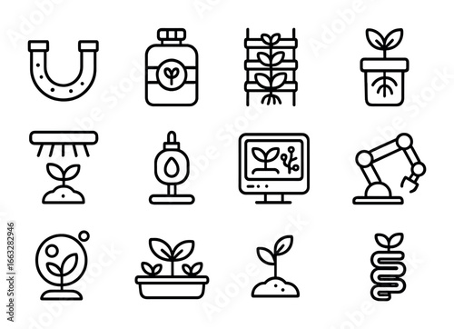 Space Hydroponics Icons. Outline icon set of hydroponic farming in space: water tube, nutrient tank, vertical