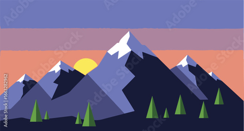 This vibrant vector illustration depicts a breathtaking sunrise over a majestic mountain range.