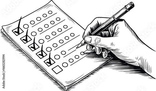 Hand filling out a survey with a pen marking checkboxes