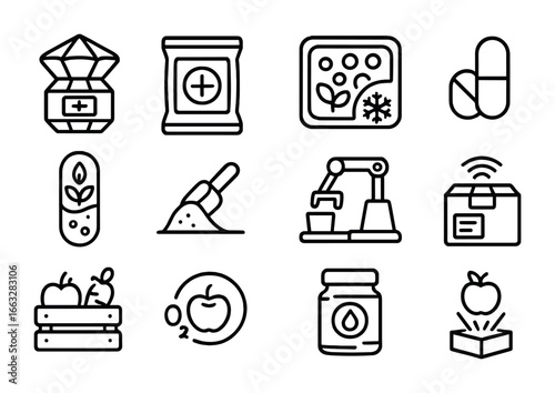 Interstellar Food Icons. Outline icon set of interstellar food supply: supply pod, vacuum pack, cryogenic tray