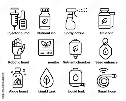 Nutrient Tech Icons. Outline icon set of nutrient delivery tech: injector pump, nutrient vial, spray nozzle,