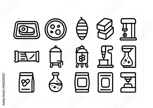 Innovative Protein Icons. Outline icon set of protein production farms: lab meat tray, algae pellet, insect