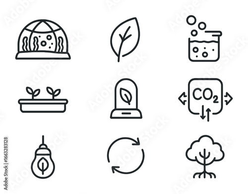 Oxygen Farm Icons. Outline icon set of oxygen farms: algae dome, oxygen leaf, bubble generator, plant tray,