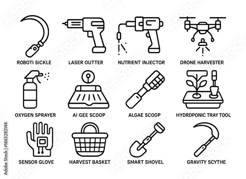 Futuristic Harvest Tools. Outline icon set of futuristic harvest tools: robotic sickle, laser cutter, nutrient