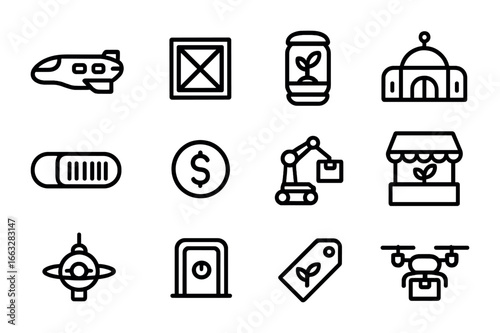 Galactic Trade Icons. Outline icon set of galactic trade of crops: cargo ship, sealed crate, crop pod, trade