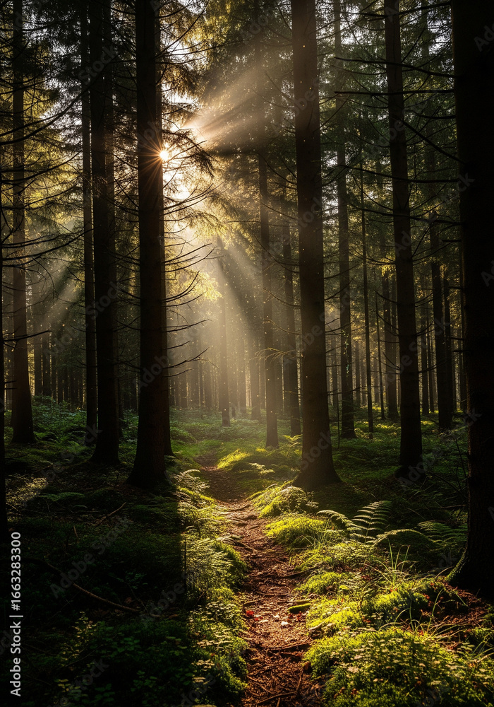 Obraz premium Sunlight Rays Shining Through Dense Forest Trees in Morning Mist