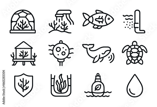 Ocean Ecology Icons. Outline icon set of ocean ecology preservation: coral dome, algae cleaner, robotic fish,