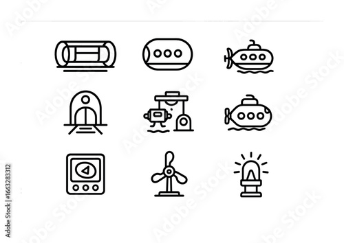 Abyssal Transport Icons. Outline icon set of abyssal transportation: maglev tube, pressure pod, ocean taxi,