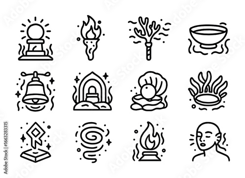 Underwater Ritual Icons. Outline icon set of rituals in underwater cities: glowing altar, bioluminescent torch