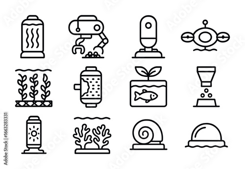 Futuristic Aquaculture Icons. Outline icon set of futuristic aquaculture: algae reactor, robotic harvester,