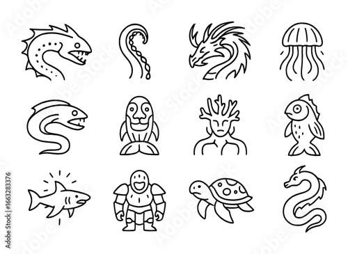 Mythic Sea Creature Icons. Outline icon set of mythic deep-sea life: glowing leviathan, kraken tentacle,