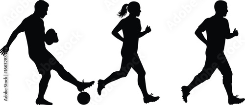 Athletes silhouette in motion, soccer ball kick, running action, fitness pose, dynamic movement, outdoor sports activity, black vector illustration