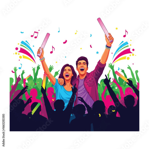 Celebratory Gathering: A vibrant illustration depicts a lively concert or festive event, showcasing a sea of animated figures immersed in the exhilarating atmosphere of music and shared joy.