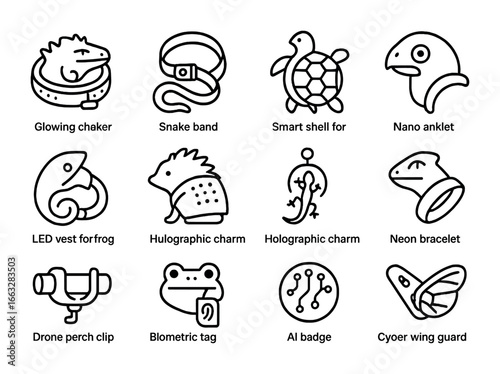 Cyber Pet Fashion Icons. Outline icon set of exotic pet cyber fashion: glowing iguana collar, sensor snake