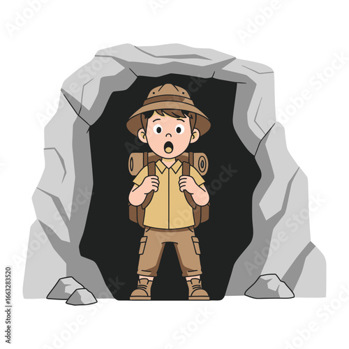 Fearless Explorer: An adventurous explorer, with wide eyes, stands bravely at the entrance of a mysterious cave, filled with curiosity and perhaps a hint of trepidation.
